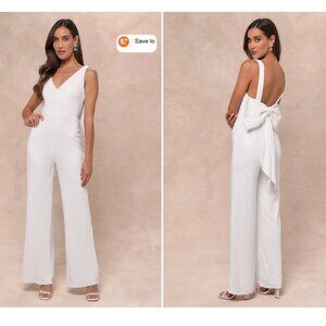 LuLu's Feeling Sparkly White Sequin Bow Wide-Leg Jumpsuit